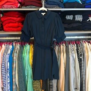 A Loves A navy button down puff shirt sleeve belted dress size XS NWT